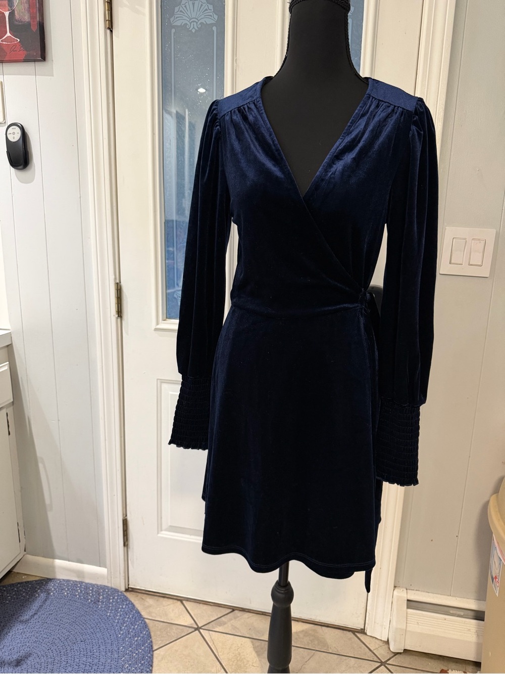 Blue Rain Navy Velvet Wrap Dress with Smocked Cuffs